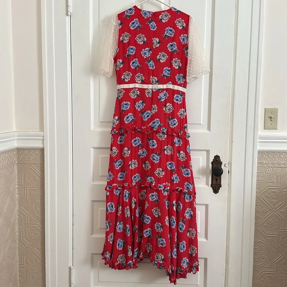 Sister Jane Red Maxi Midi Sundress Tiered Lace Sheer Ruffle Floral Dress - Picture 5 of 7